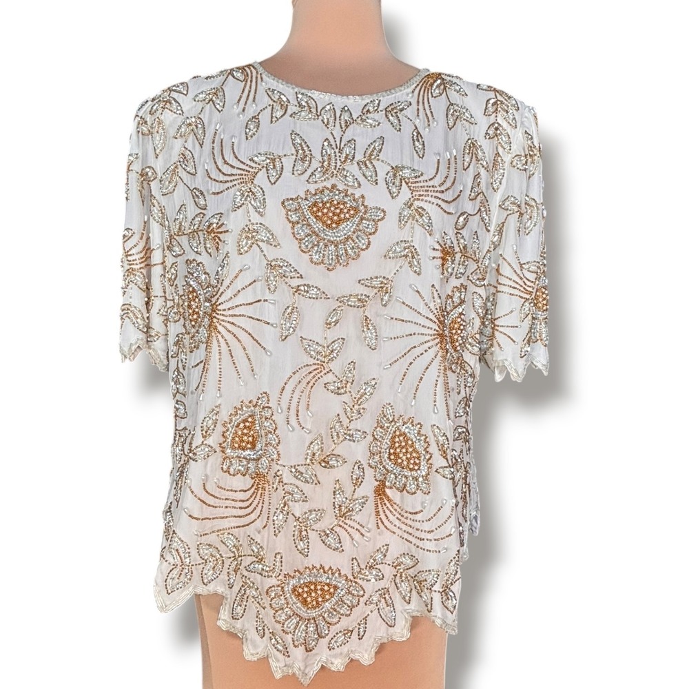 Laurence Kazar Silk Beaded Floral Blouse White Gold Silver 2X Vintage Blouse
